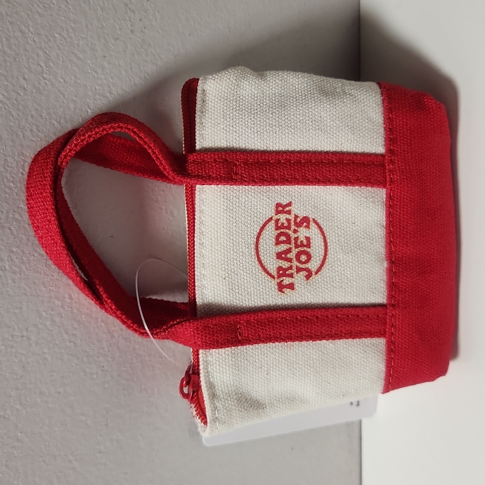 NWT Trader Joe's Micro Red/Beige Canvas Tote with Nylon Grocery Bag Inside!